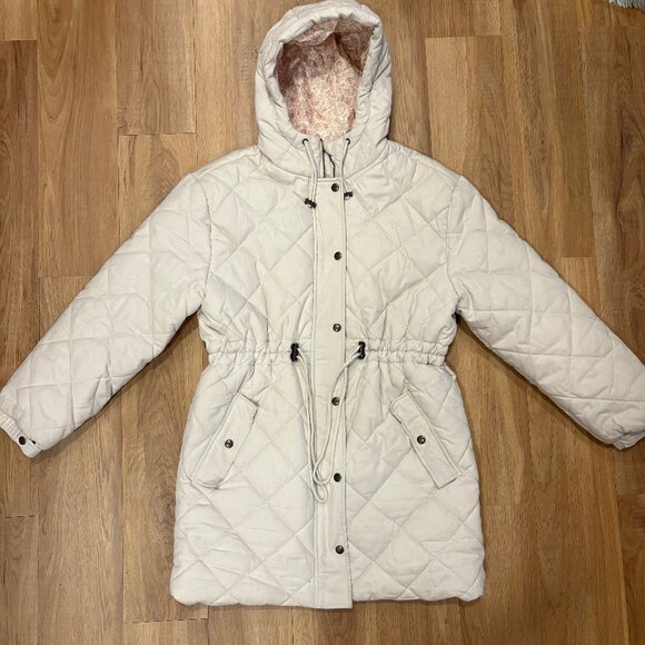 Joe Fresh x Jillian Harris Winter Jacket | Quilted White Coat | Cinch Waist Hood - Picture 1 of 9